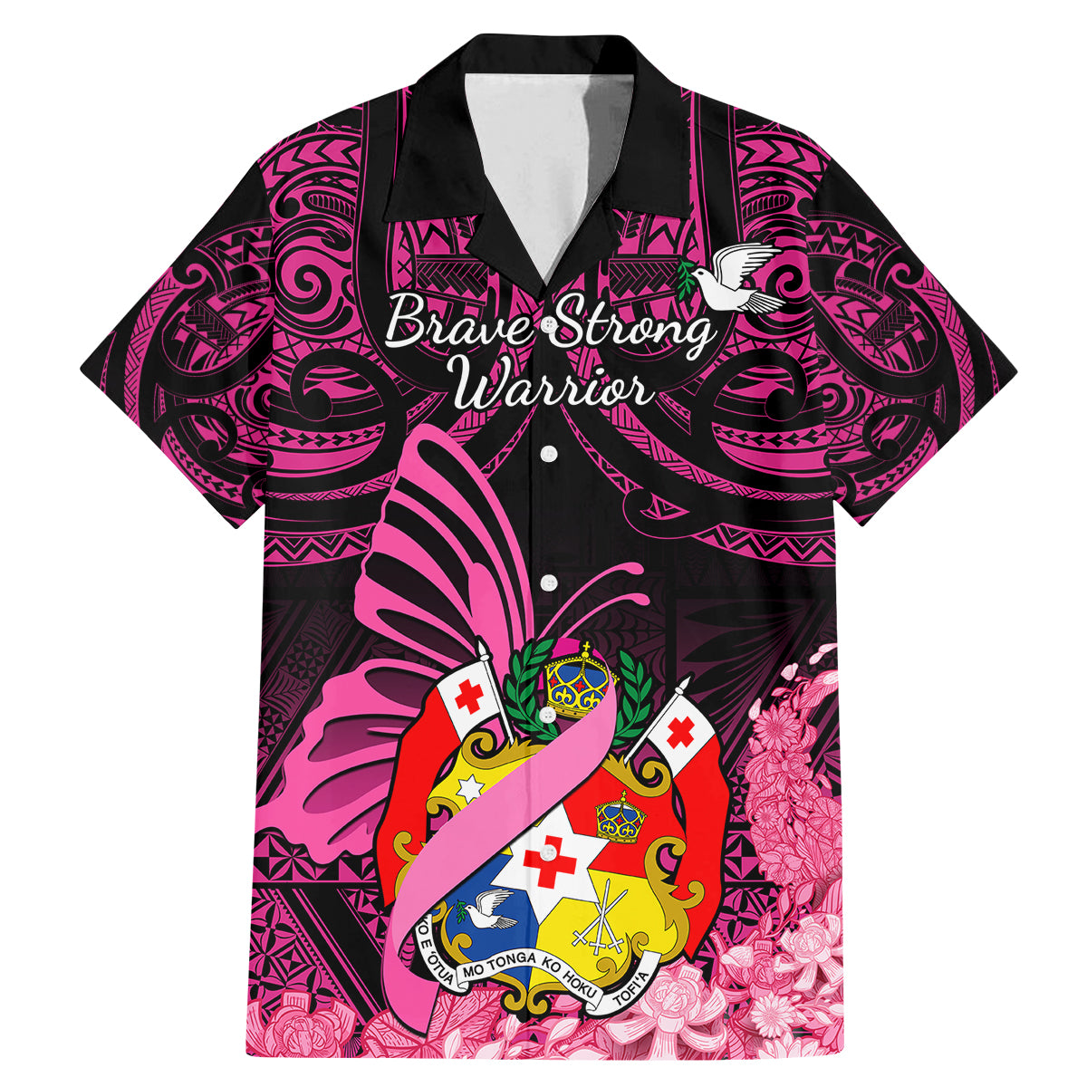 Presonalised Tonga Breast Cancer Awareness Family Matching Mermaid Dress and Hawaiian Shirt Pink Ribbon Brave Strong Warrior Tongan Ngatu Pattern - Wonder Print Shop