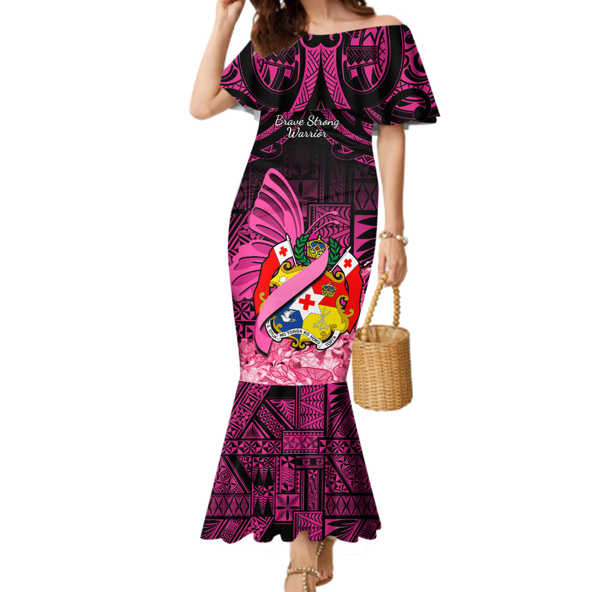Presonalised Tonga Breast Cancer Awareness Family Matching Mermaid Dress and Hawaiian Shirt Pink Ribbon Brave Strong Warrior Tongan Ngatu Pattern - Wonder Print Shop