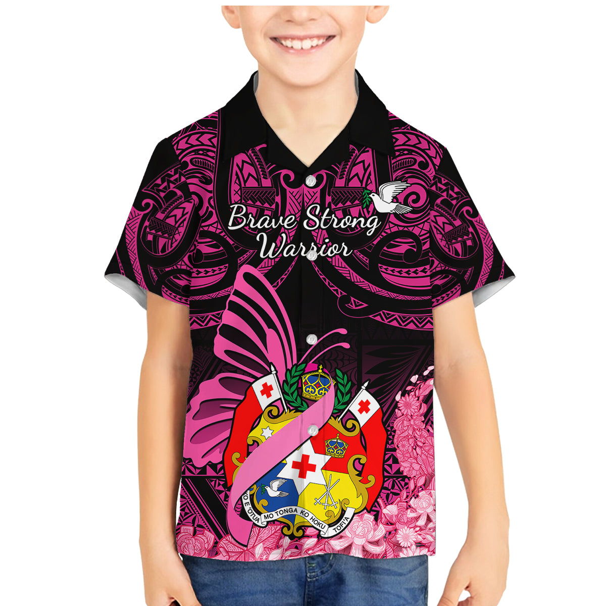 Presonalised Tonga Breast Cancer Awareness Family Matching Mermaid Dress and Hawaiian Shirt Pink Ribbon Brave Strong Warrior Tongan Ngatu Pattern - Wonder Print Shop