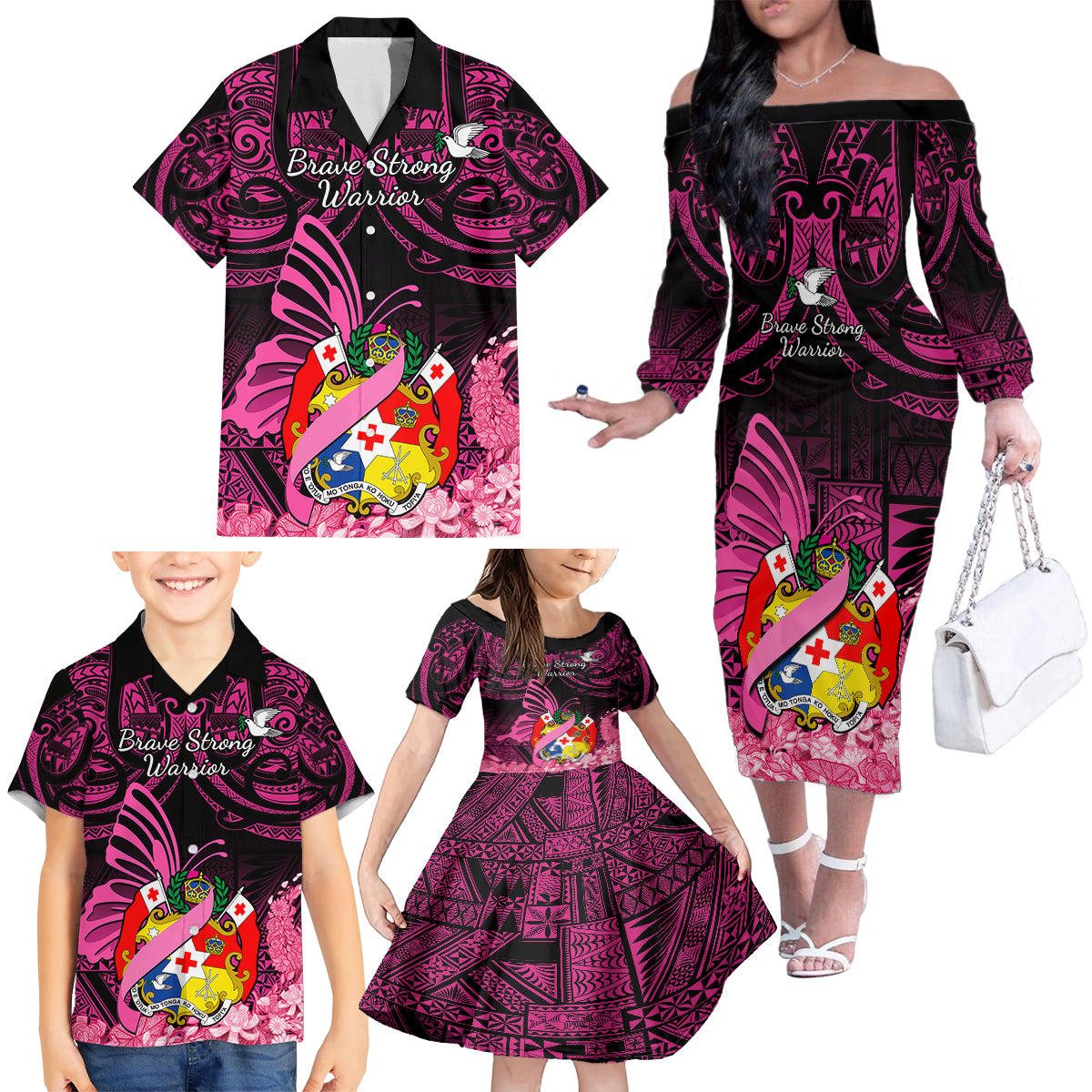 Presonalised Tonga Breast Cancer Awareness Family Matching Off Shoulder Long Sleeve Dress and Hawaiian Shirt Pink Ribbon Brave Strong Warrior Tongan Ngatu Pattern - Wonder Print Shop