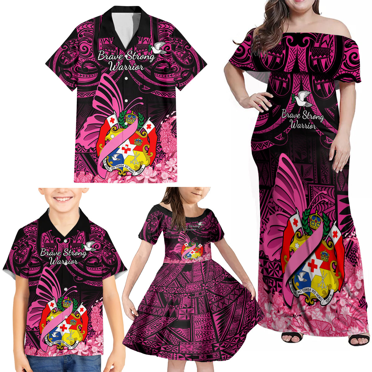 Presonalised Tonga Breast Cancer Awareness Family Matching Off Shoulder Maxi Dress and Hawaiian Shirt Pink Ribbon Brave Strong Warrior Tongan Ngatu Pattern - Wonder Print Shop