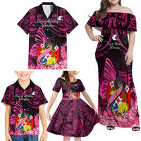Presonalised Tonga Breast Cancer Awareness Family Matching Off Shoulder Maxi Dress and Hawaiian Shirt Pink Ribbon Brave Strong Warrior Tongan Ngatu Pattern - Wonder Print Shop