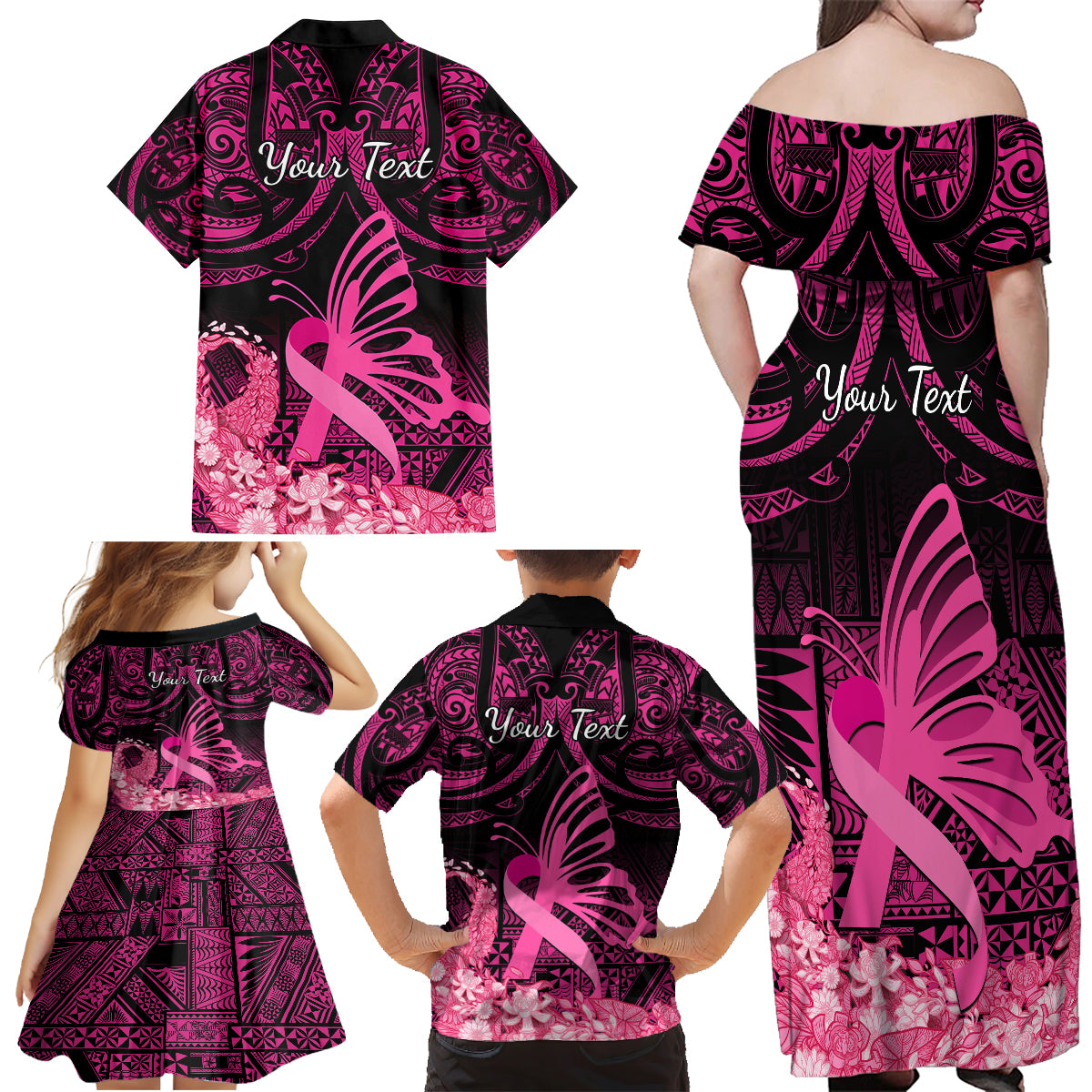 Presonalised Tonga Breast Cancer Awareness Family Matching Off Shoulder Maxi Dress and Hawaiian Shirt Pink Ribbon Brave Strong Warrior Tongan Ngatu Pattern - Wonder Print Shop