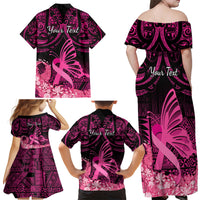 Presonalised Tonga Breast Cancer Awareness Family Matching Off Shoulder Maxi Dress and Hawaiian Shirt Pink Ribbon Brave Strong Warrior Tongan Ngatu Pattern - Wonder Print Shop