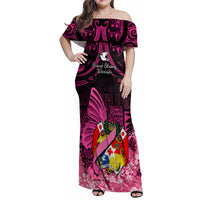 Presonalised Tonga Breast Cancer Awareness Family Matching Off Shoulder Maxi Dress and Hawaiian Shirt Pink Ribbon Brave Strong Warrior Tongan Ngatu Pattern - Wonder Print Shop