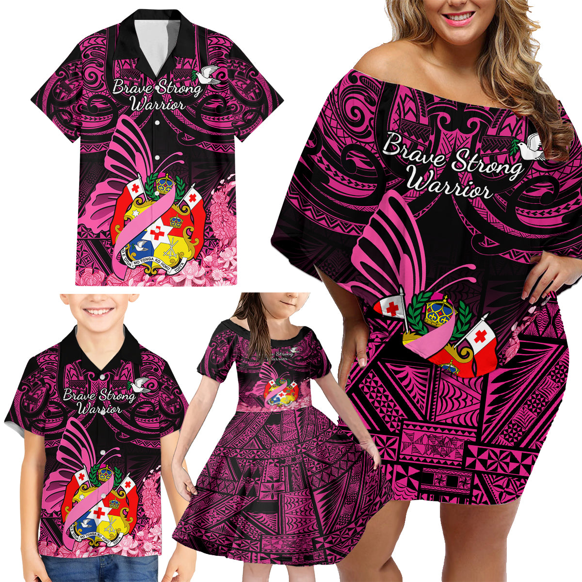 Presonalised Tonga Breast Cancer Awareness Family Matching Off Shoulder Short Dress and Hawaiian Shirt Pink Ribbon Brave Strong Warrior Tongan Ngatu Pattern - Wonder Print Shop
