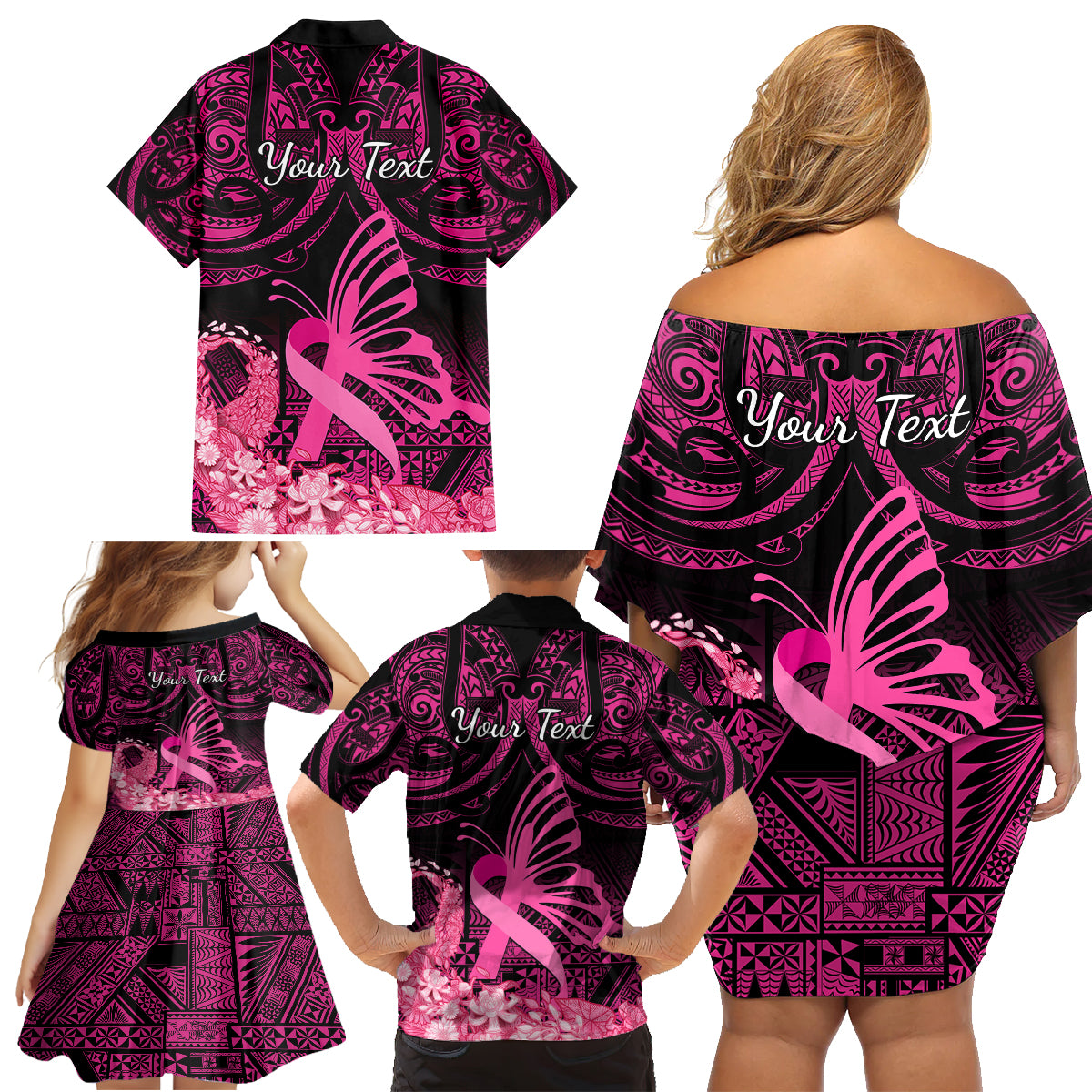 Presonalised Tonga Breast Cancer Awareness Family Matching Off Shoulder Short Dress and Hawaiian Shirt Pink Ribbon Brave Strong Warrior Tongan Ngatu Pattern - Wonder Print Shop