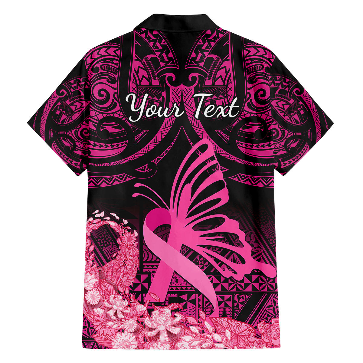 Presonalised Tonga Breast Cancer Awareness Family Matching Off Shoulder Short Dress and Hawaiian Shirt Pink Ribbon Brave Strong Warrior Tongan Ngatu Pattern - Wonder Print Shop