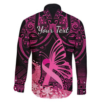 Presonalised Tonga Breast Cancer Awareness Family Matching Off Shoulder Short Dress and Hawaiian Shirt Pink Ribbon Brave Strong Warrior Tongan Ngatu Pattern - Wonder Print Shop
