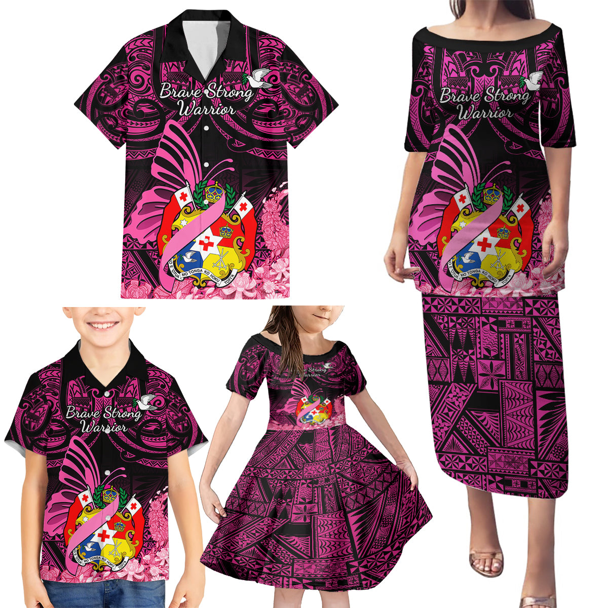 Presonalised Tonga Breast Cancer Awareness Family Matching Puletasi Dress and Hawaiian Shirt Pink Ribbon Brave Strong Warrior Tongan Ngatu Pattern - Wonder Print Shop