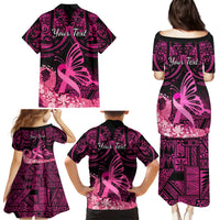 Presonalised Tonga Breast Cancer Awareness Family Matching Puletasi Dress and Hawaiian Shirt Pink Ribbon Brave Strong Warrior Tongan Ngatu Pattern - Wonder Print Shop