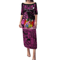 Presonalised Tonga Breast Cancer Awareness Family Matching Puletasi Dress and Hawaiian Shirt Pink Ribbon Brave Strong Warrior Tongan Ngatu Pattern - Wonder Print Shop