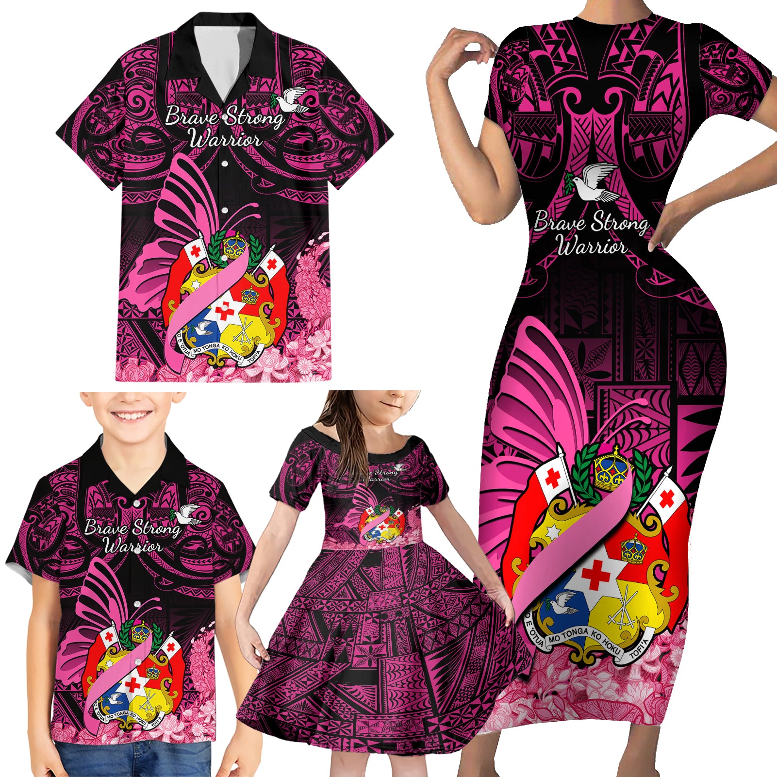 Presonalised Tonga Breast Cancer Awareness Family Matching Short Sleeve Bodycon Dress and Hawaiian Shirt Pink Ribbon Brave Strong Warrior Tongan Ngatu Pattern - Wonder Print Shop
