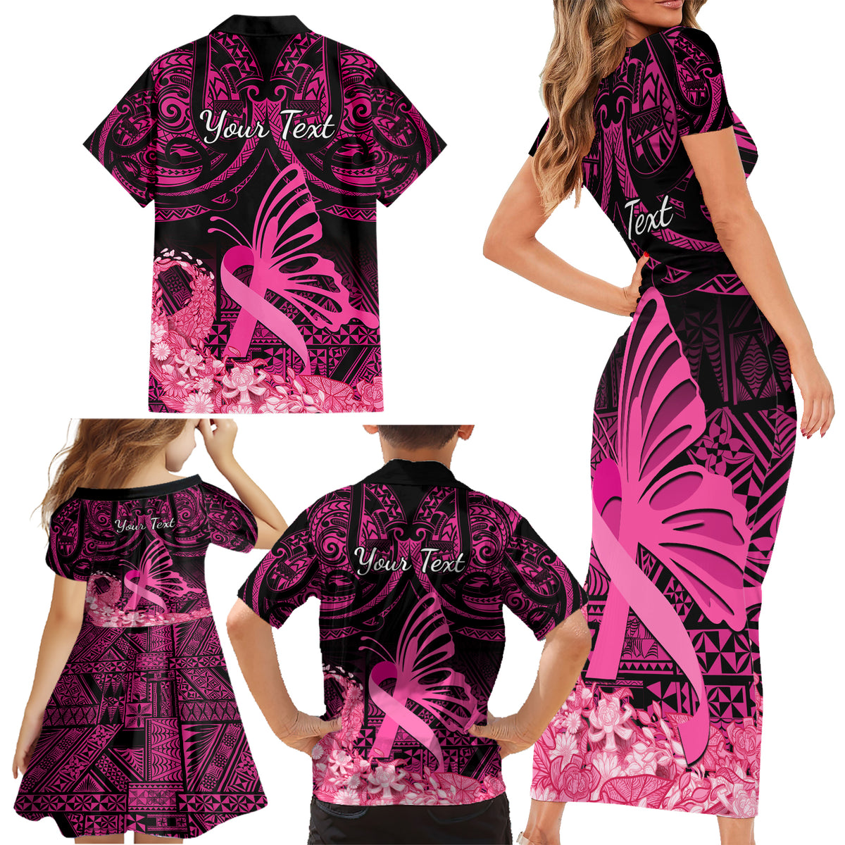 Presonalised Tonga Breast Cancer Awareness Family Matching Short Sleeve Bodycon Dress and Hawaiian Shirt Pink Ribbon Brave Strong Warrior Tongan Ngatu Pattern - Wonder Print Shop