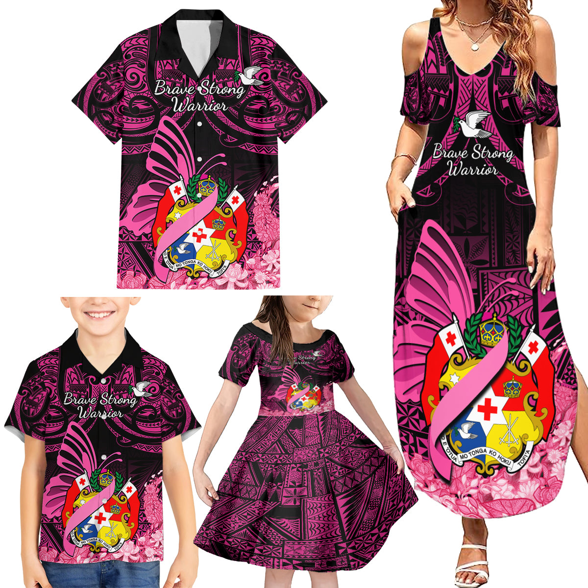 Presonalised Tonga Breast Cancer Awareness Family Matching Summer Maxi Dress and Hawaiian Shirt Pink Ribbon Brave Strong Warrior Tongan Ngatu Pattern - Wonder Print Shop