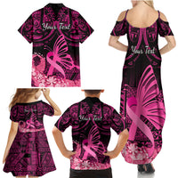 Presonalised Tonga Breast Cancer Awareness Family Matching Summer Maxi Dress and Hawaiian Shirt Pink Ribbon Brave Strong Warrior Tongan Ngatu Pattern - Wonder Print Shop