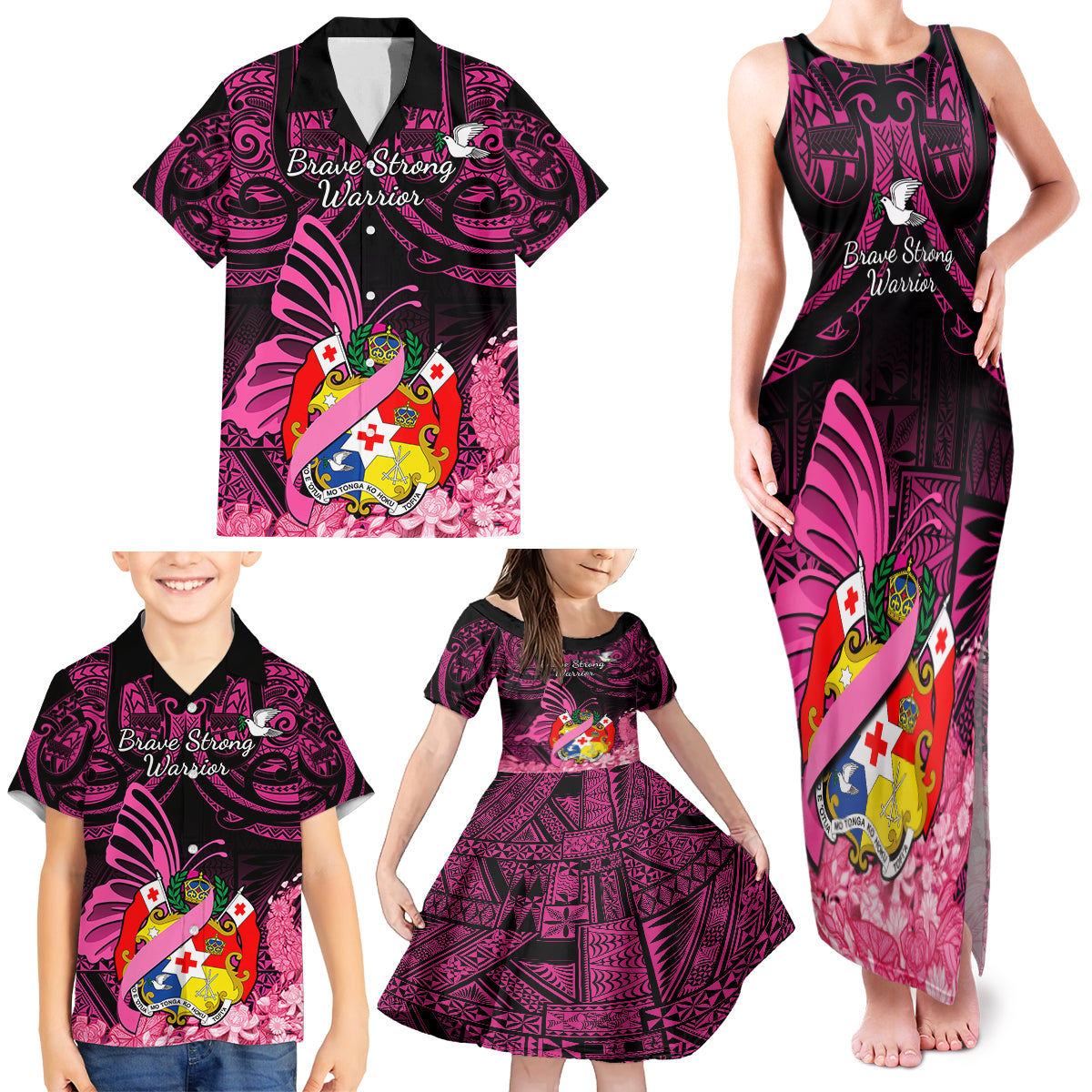 Presonalised Tonga Breast Cancer Awareness Family Matching Tank Maxi Dress and Hawaiian Shirt Pink Ribbon Brave Strong Warrior Tongan Ngatu Pattern - Wonder Print Shop