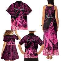 Presonalised Tonga Breast Cancer Awareness Family Matching Tank Maxi Dress and Hawaiian Shirt Pink Ribbon Brave Strong Warrior Tongan Ngatu Pattern - Wonder Print Shop