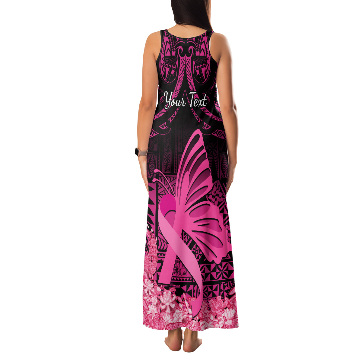 Presonalised Tonga Breast Cancer Awareness Family Matching Tank Maxi Dress and Hawaiian Shirt Pink Ribbon Brave Strong Warrior Tongan Ngatu Pattern - Wonder Print Shop