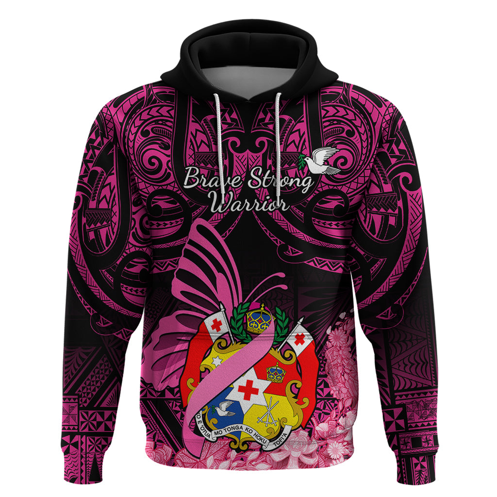 Presonalised Tonga Breast Cancer Awareness Hoodie Pink Ribbon Brave Strong Warrior Tongan Ngatu Pattern - Wonder Print Shop