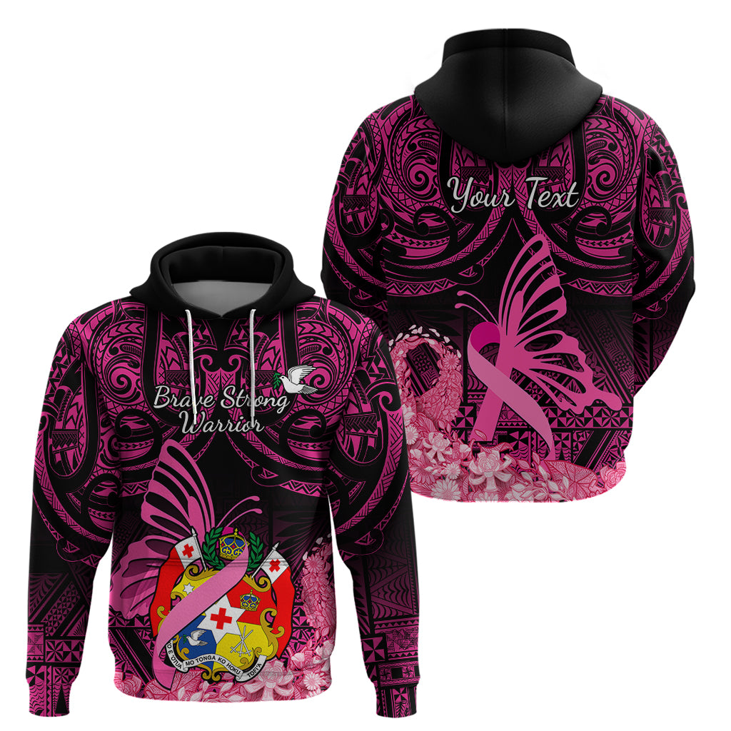 Presonalised Tonga Breast Cancer Awareness Hoodie Pink Ribbon Brave Strong Warrior Tongan Ngatu Pattern - Wonder Print Shop
