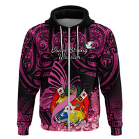 Presonalised Tonga Breast Cancer Awareness Hoodie Pink Ribbon Brave Strong Warrior Tongan Ngatu Pattern - Wonder Print Shop