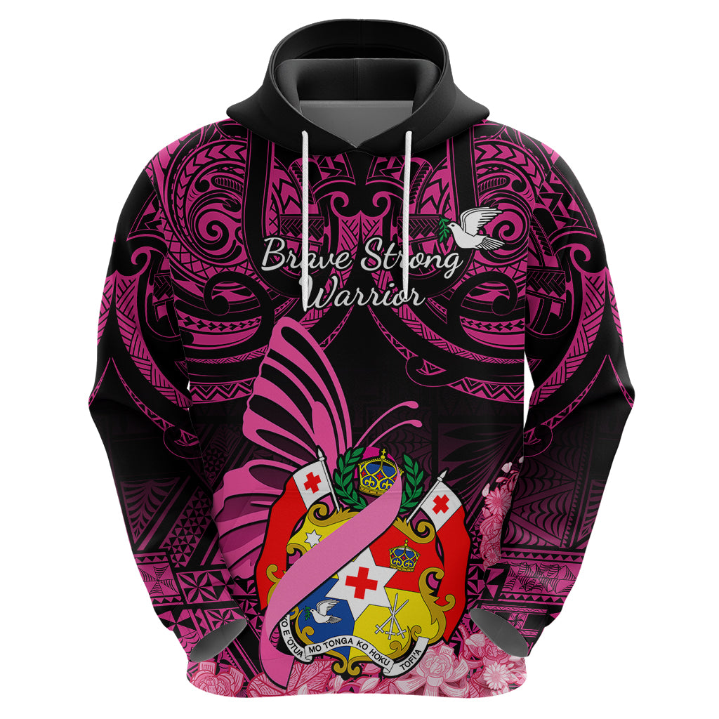 Presonalised Tonga Breast Cancer Awareness Hoodie Pink Ribbon Brave Strong Warrior Tongan Ngatu Pattern - Wonder Print Shop