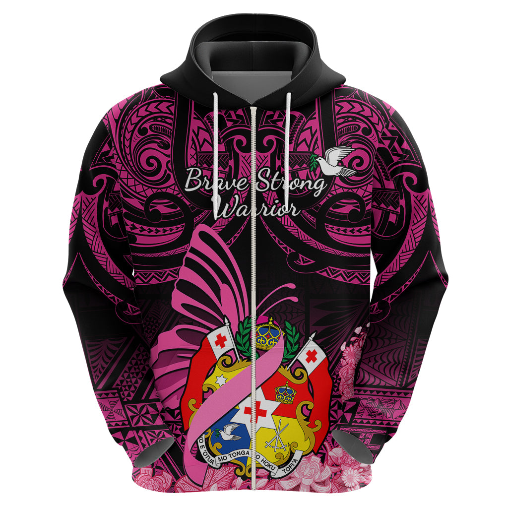 Presonalised Tonga Breast Cancer Awareness Hoodie Pink Ribbon Brave Strong Warrior Tongan Ngatu Pattern - Wonder Print Shop