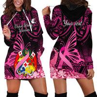 Presonalised Tonga Breast Cancer Awareness Hoodie Dress Pink Ribbon Brave Strong Warrior Tongan Ngatu Pattern - Wonder Print Shop