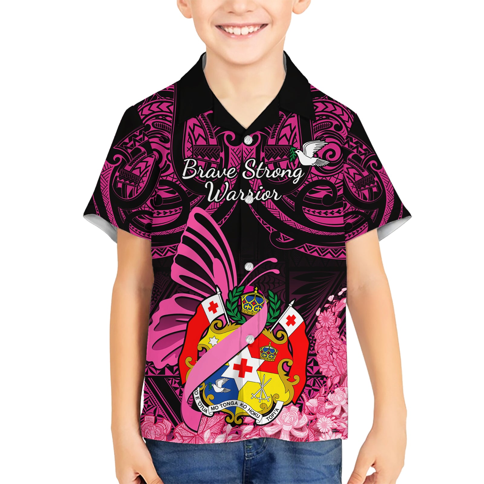 presonalised-tonga-breast-cancer-awareness-kid-hawaiian-shirt-pink-ribbon-brave-strong-warrior-tongan-ngatu-pattern