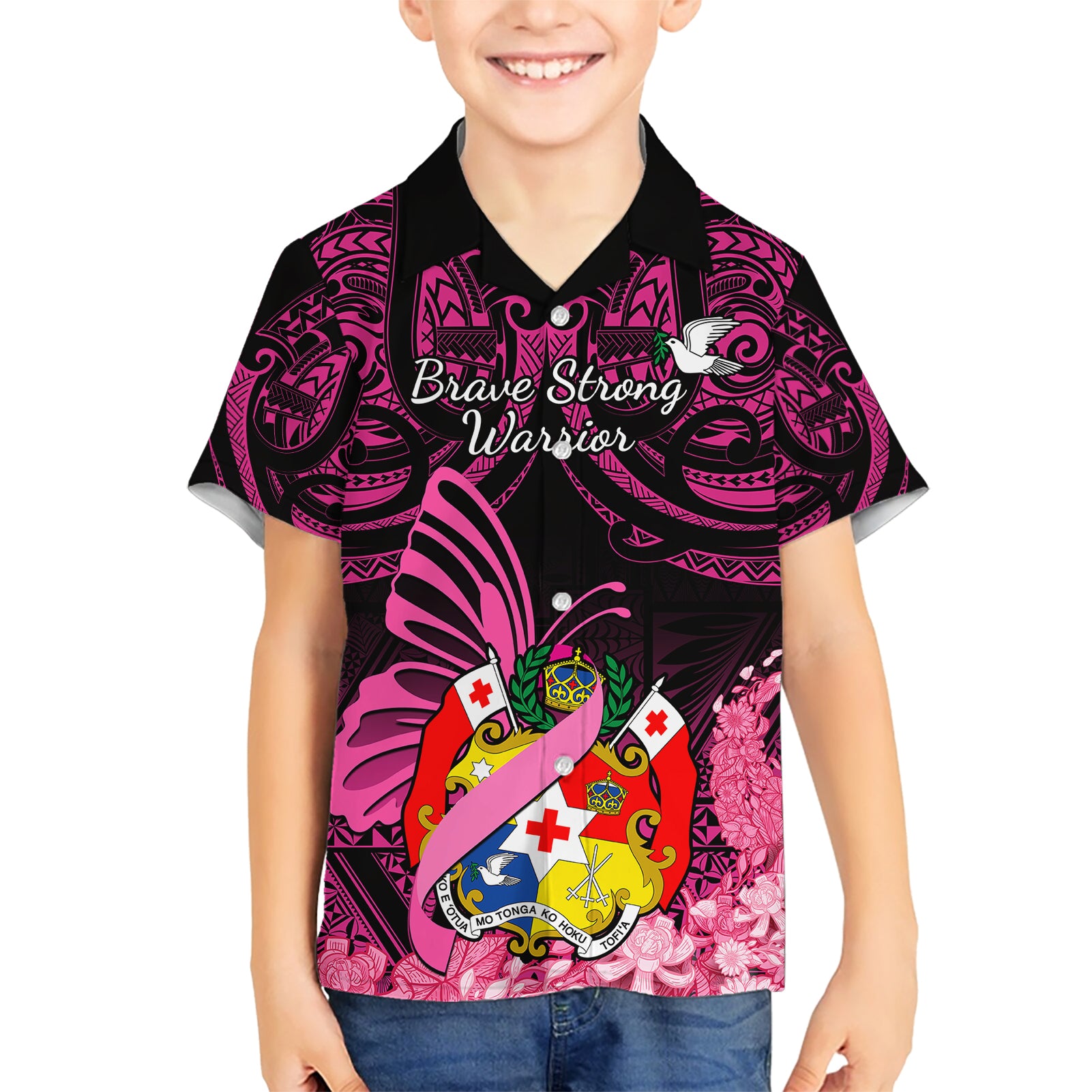 Presonalised Tonga Breast Cancer Awareness Kid Hawaiian Shirt Pink Ribbon Brave Strong Warrior Tongan Ngatu Pattern - Wonder Print Shop