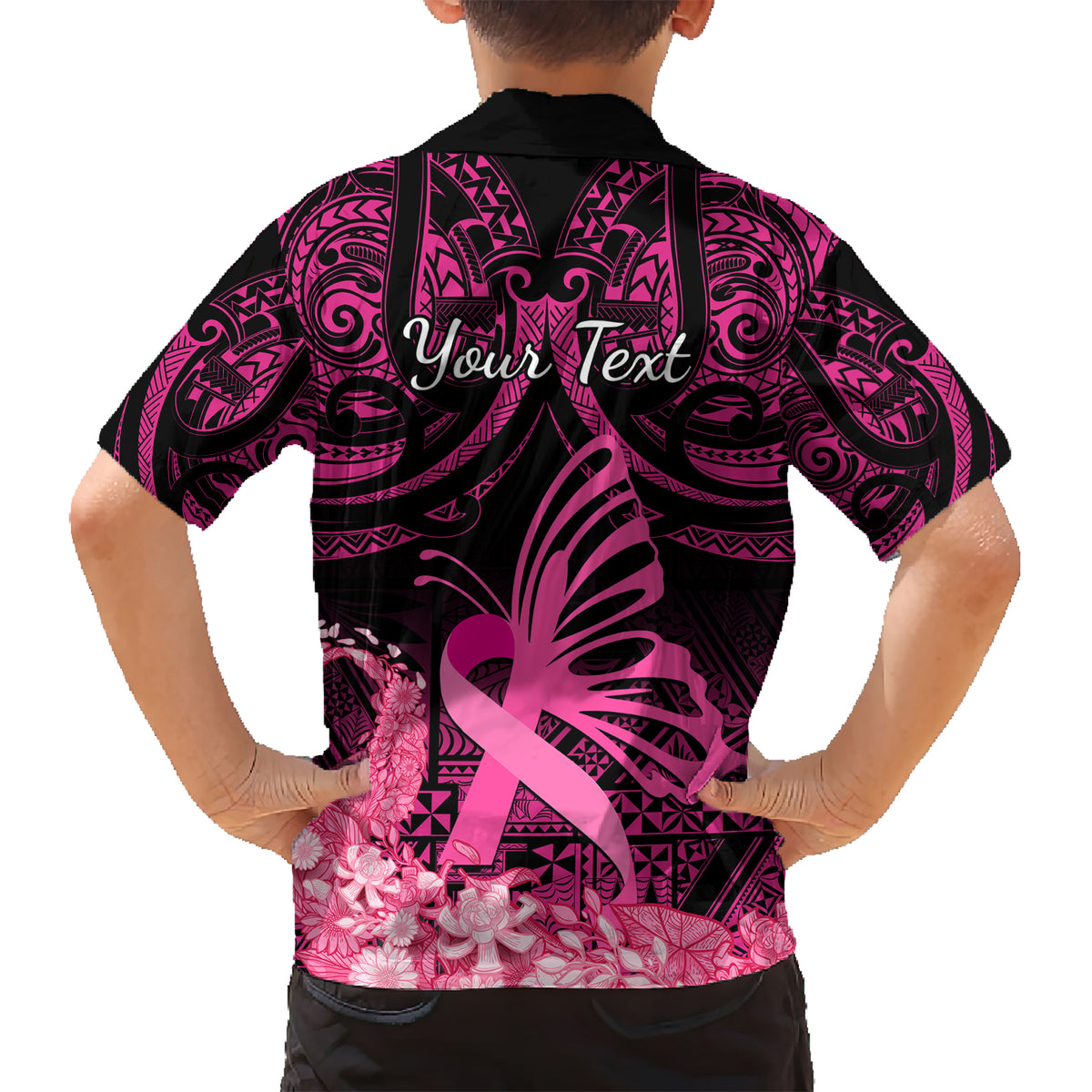 Presonalised Tonga Breast Cancer Awareness Kid Hawaiian Shirt Pink Ribbon Brave Strong Warrior Tongan Ngatu Pattern - Wonder Print Shop