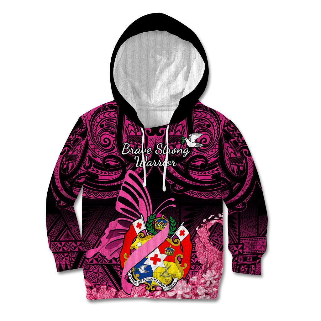 Presonalised Tonga Breast Cancer Awareness Kid Hoodie Pink Ribbon Brave Strong Warrior Tongan Ngatu Pattern - Wonder Print Shop