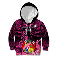 Presonalised Tonga Breast Cancer Awareness Kid Hoodie Pink Ribbon Brave Strong Warrior Tongan Ngatu Pattern - Wonder Print Shop