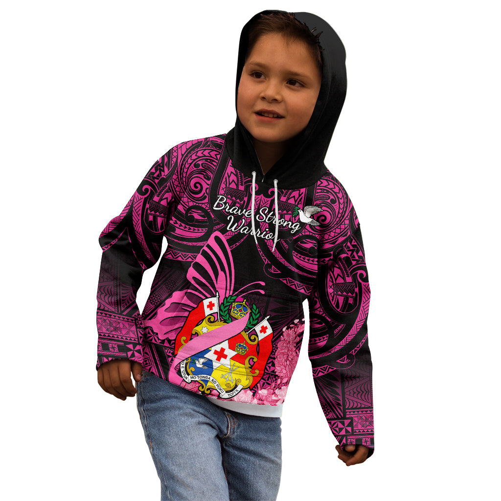 Presonalised Tonga Breast Cancer Awareness Kid Hoodie Pink Ribbon Brave Strong Warrior Tongan Ngatu Pattern - Wonder Print Shop