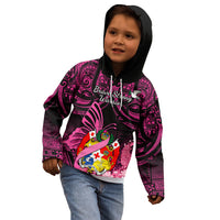 Presonalised Tonga Breast Cancer Awareness Kid Hoodie Pink Ribbon Brave Strong Warrior Tongan Ngatu Pattern - Wonder Print Shop