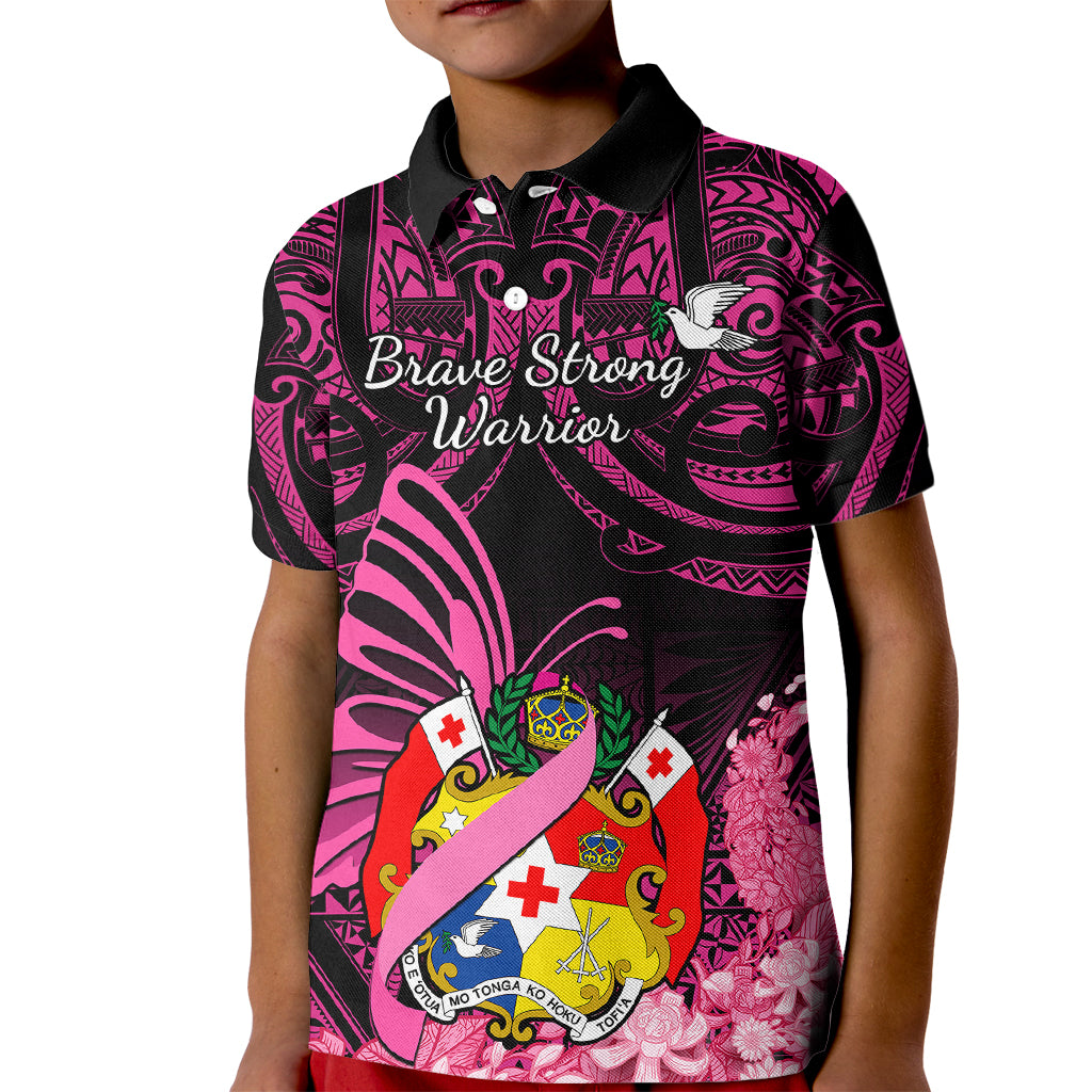 Presonalised Tonga Breast Cancer Awareness Kid Polo Shirt Pink Ribbon Brave Strong Warrior Tongan Ngatu Pattern - Wonder Print Shop