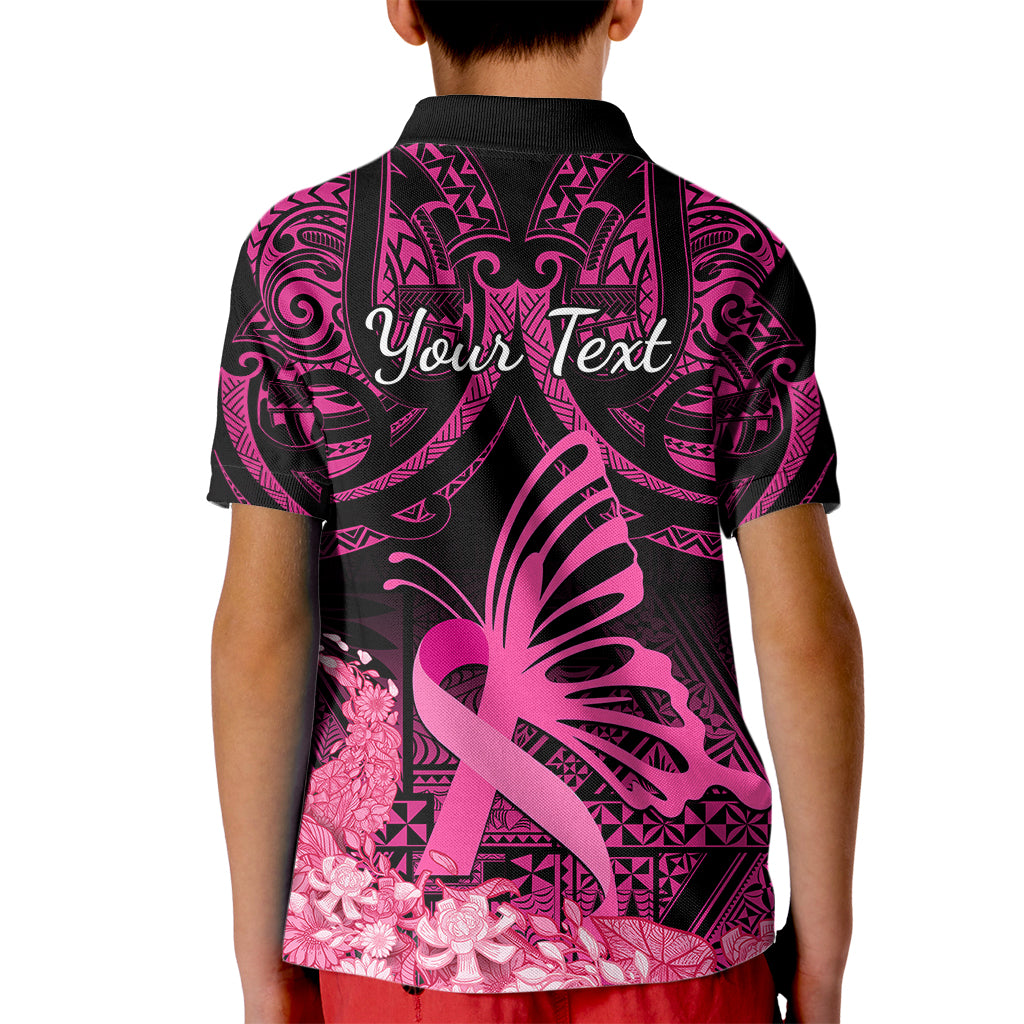 Presonalised Tonga Breast Cancer Awareness Kid Polo Shirt Pink Ribbon Brave Strong Warrior Tongan Ngatu Pattern - Wonder Print Shop