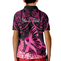 Presonalised Tonga Breast Cancer Awareness Kid Polo Shirt Pink Ribbon Brave Strong Warrior Tongan Ngatu Pattern - Wonder Print Shop
