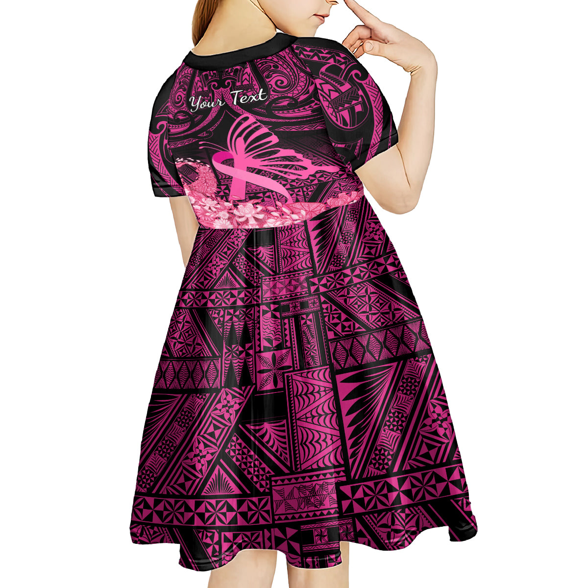 Presonalised Tonga Breast Cancer Awareness Kid Short Sleeve Dress Pink Ribbon Brave Strong Warrior Tongan Ngatu Pattern - Wonder Print Shop