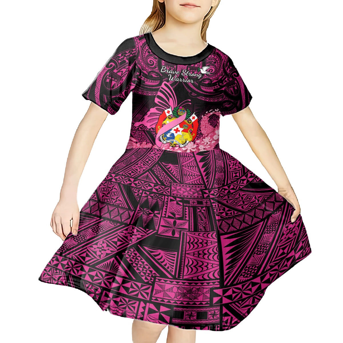 Presonalised Tonga Breast Cancer Awareness Kid Short Sleeve Dress Pink Ribbon Brave Strong Warrior Tongan Ngatu Pattern - Wonder Print Shop