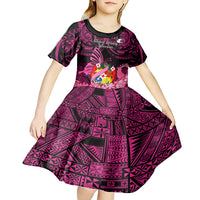 Presonalised Tonga Breast Cancer Awareness Kid Short Sleeve Dress Pink Ribbon Brave Strong Warrior Tongan Ngatu Pattern - Wonder Print Shop