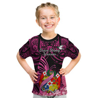 Presonalised Tonga Breast Cancer Awareness Kid T Shirt Pink Ribbon Brave Strong Warrior Tongan Ngatu Pattern - Wonder Print Shop