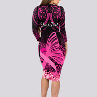 Presonalised Tonga Breast Cancer Awareness Long Sleeve Bodycon Dress Pink Ribbon Brave Strong Warrior Tongan Ngatu Pattern - Wonder Print Shop