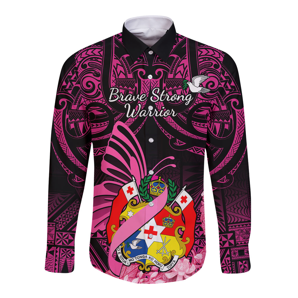Presonalised Tonga Breast Cancer Awareness Long Sleeve Button Shirt Pink Ribbon Brave Strong Warrior Tongan Ngatu Pattern - Wonder Print Shop