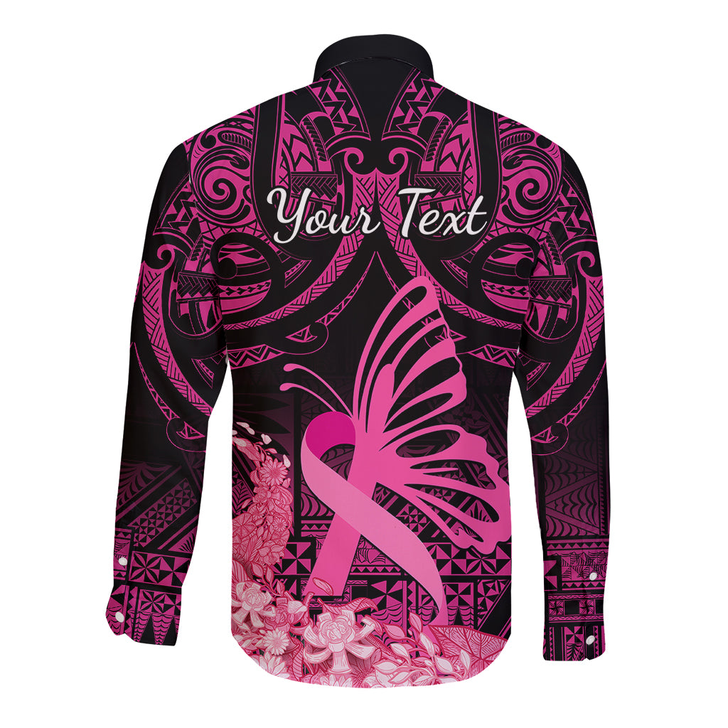 Presonalised Tonga Breast Cancer Awareness Long Sleeve Button Shirt Pink Ribbon Brave Strong Warrior Tongan Ngatu Pattern - Wonder Print Shop