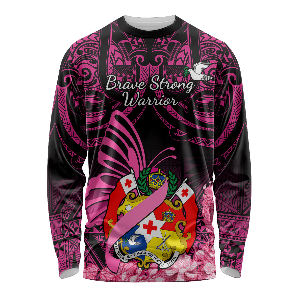 Presonalised Tonga Breast Cancer Awareness Long Sleeve Shirt Pink Ribbon Brave Strong Warrior Tongan Ngatu Pattern - Wonder Print Shop