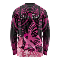 Presonalised Tonga Breast Cancer Awareness Long Sleeve Shirt Pink Ribbon Brave Strong Warrior Tongan Ngatu Pattern - Wonder Print Shop