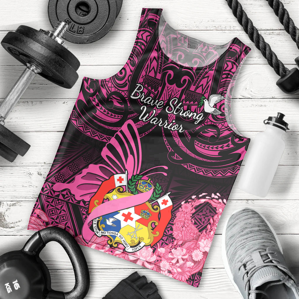 Presonalised Tonga Breast Cancer Awareness Men Tank Top Pink Ribbon Brave Strong Warrior Tongan Ngatu Pattern - Wonder Print Shop