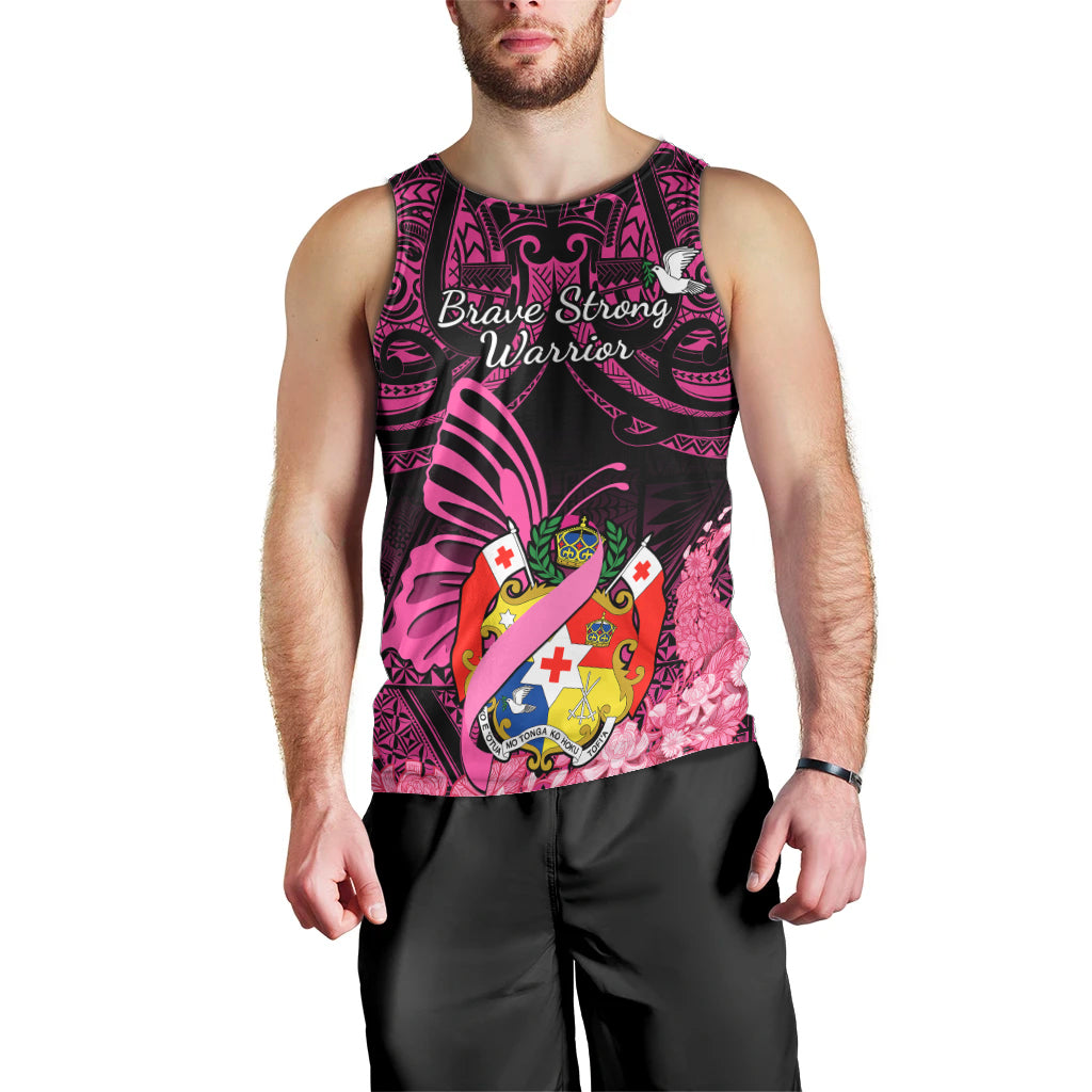 Presonalised Tonga Breast Cancer Awareness Men Tank Top Pink Ribbon Brave Strong Warrior Tongan Ngatu Pattern - Wonder Print Shop